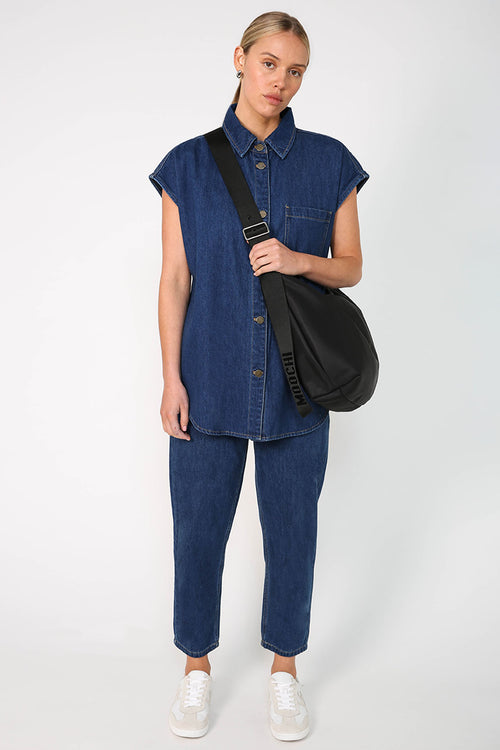 turning vest shacket / indigo blue denim