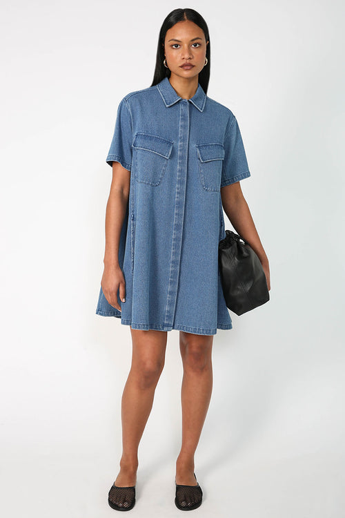 convex shirt dress / mid blue denim