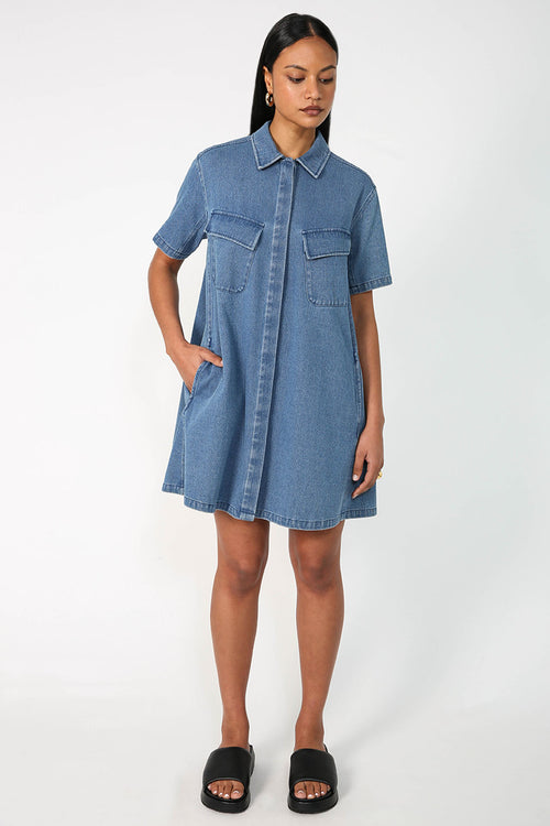 convex shirt dress / mid blue denim