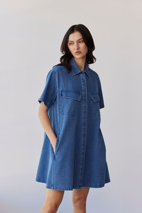 convex shirt dress / mid blue denim