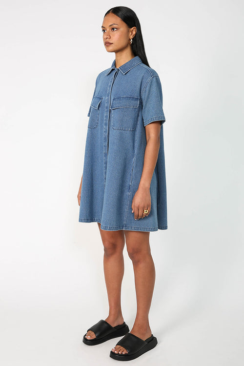 convex shirt dress / mid blue denim