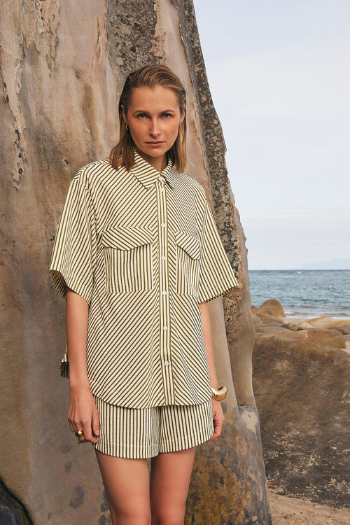 darby shirt / khaki|ecru stripe