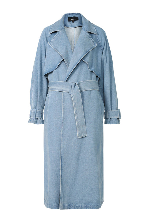 margin trench coat / washed blue denim